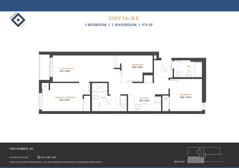 Floor plan for 3 beds, 2 baths, 976 sqft